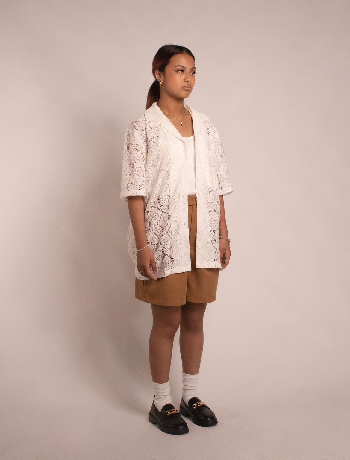 Floral Lace Open-Collar Shirt - "White"