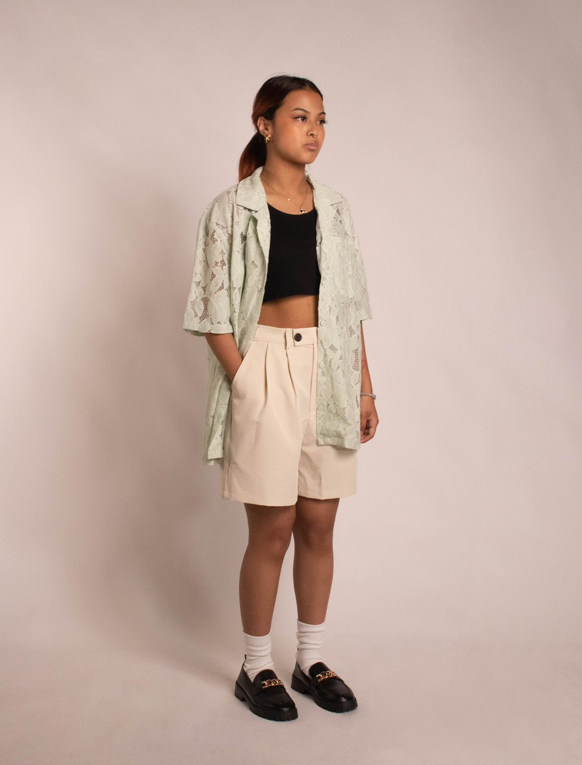 Double Pleated Trouser Shorts - "Milk Foam"