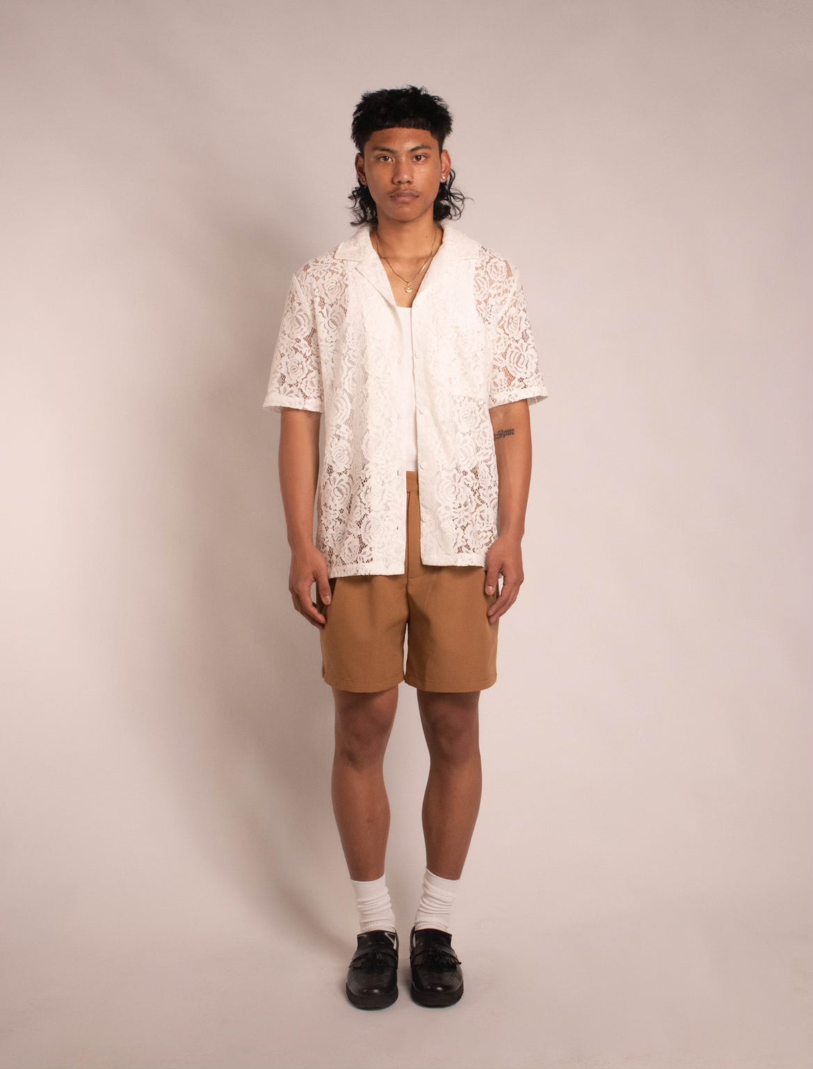 Floral Lace Open-Collar Shirt - "White"