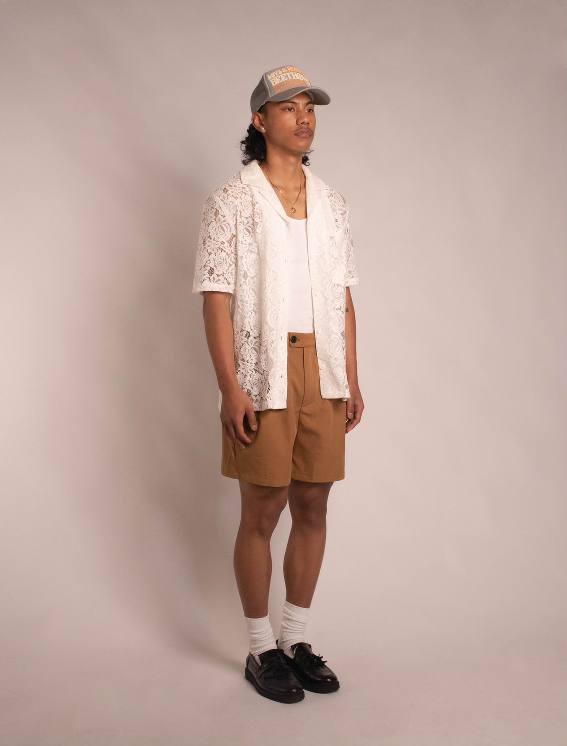 Floral Lace Open-Collar Shirt - "White"