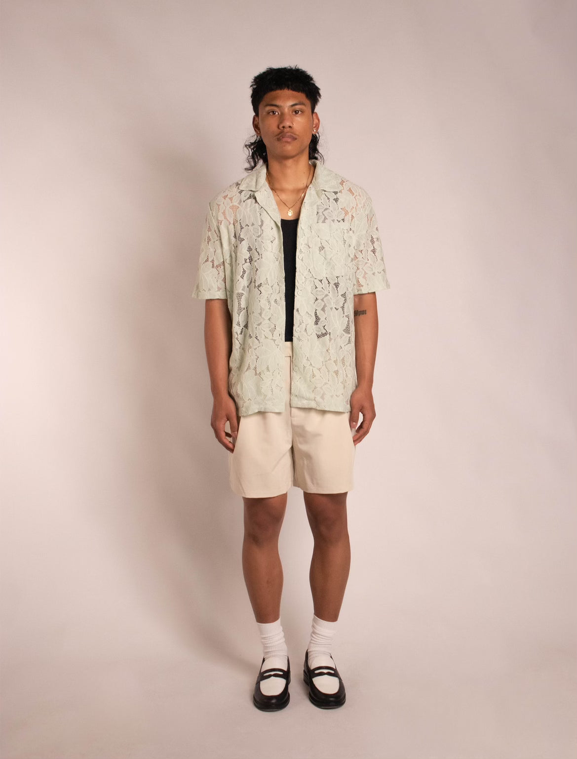 Floral Lace Open-Collar Shirt - "Sage"