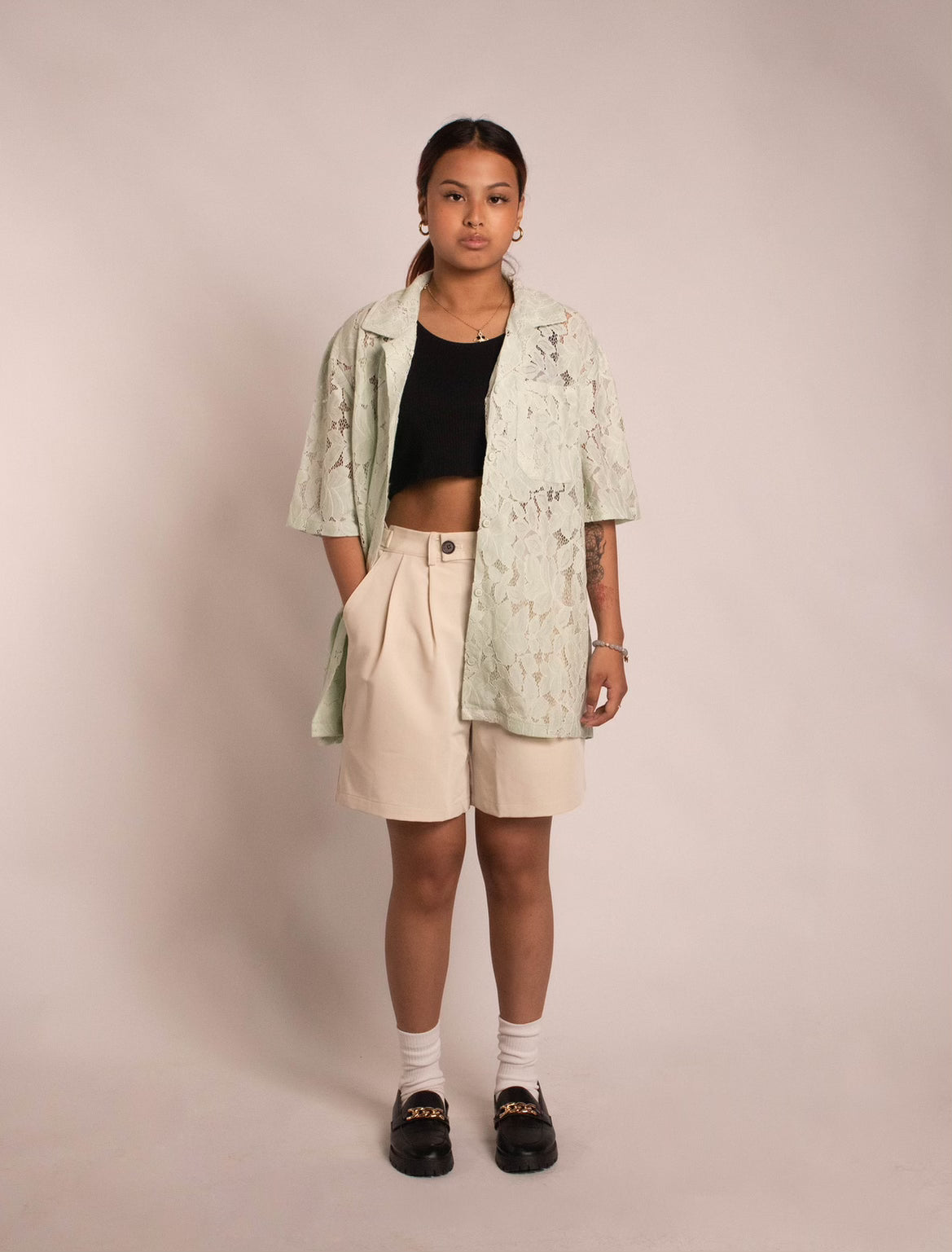 Double Pleated Trouser Shorts - "Milk Foam"